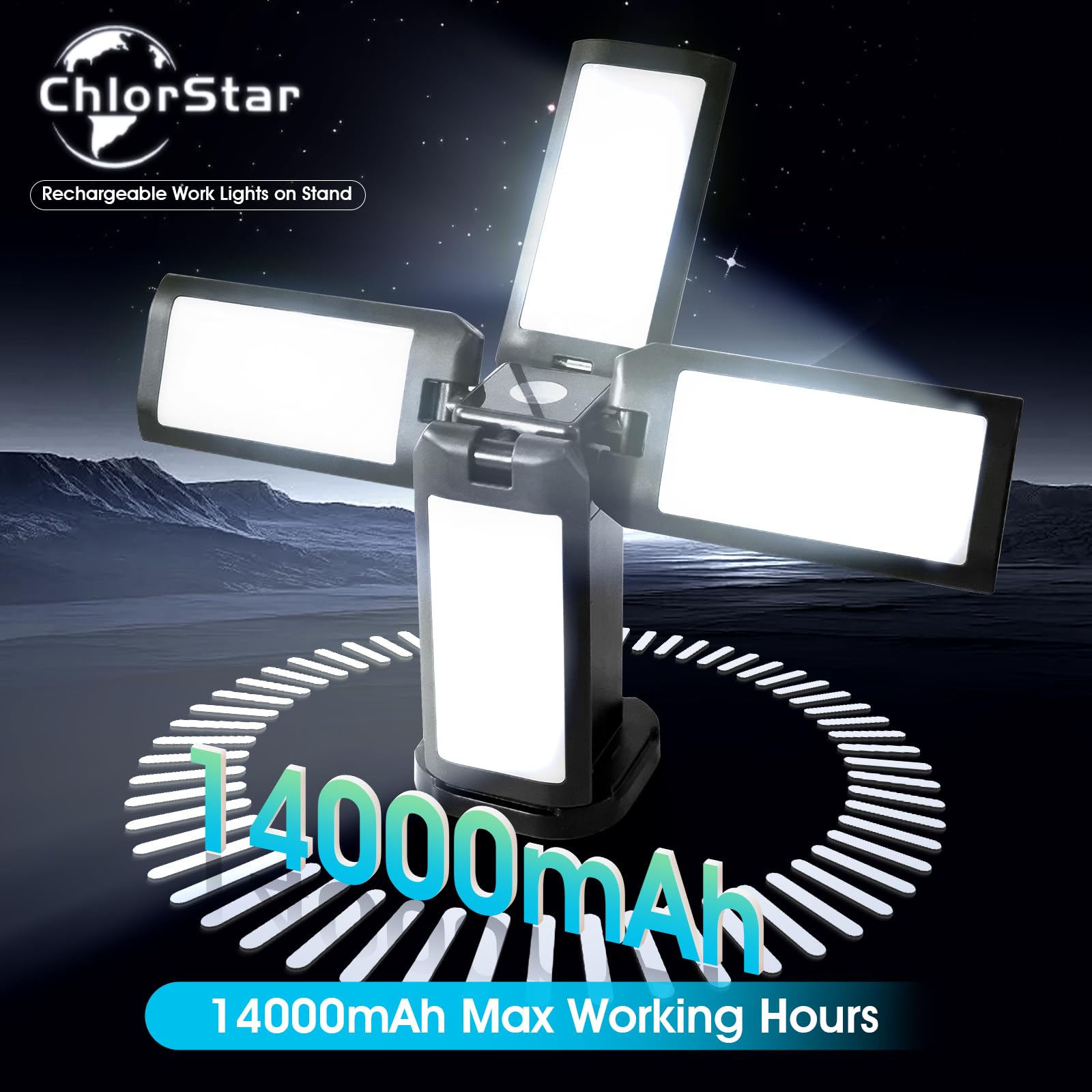 Chlorstar 14000Mah Rechargeable Work Lights With Stand Camping Light Stand, Rechargeable Work Light Tripod Stand, 270 Adjustable